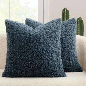 MIULEE Pack of 2 Throw Pillow Covers 18x18 Inch Neutral Navy Blue Faux Fur Decorative Sherpa Pillow Covers Fuzzy Accent Soft Sheepskin Fleece Cushion Cases for Boho Home Decor Couch Living Room Bed