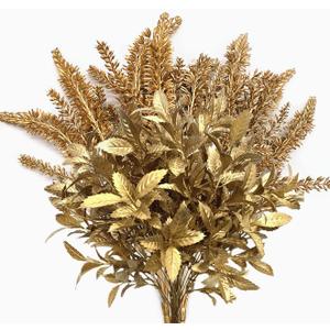 CATTREE Artificial Gold Plants, Plastic Leaves Golden 4 Pack, Fake Grass Faux Shrubs Bushes for Home Indoor Outdoor Garden Leaf Wedding Christmas Festival Decoration Hall Table Planter Filler