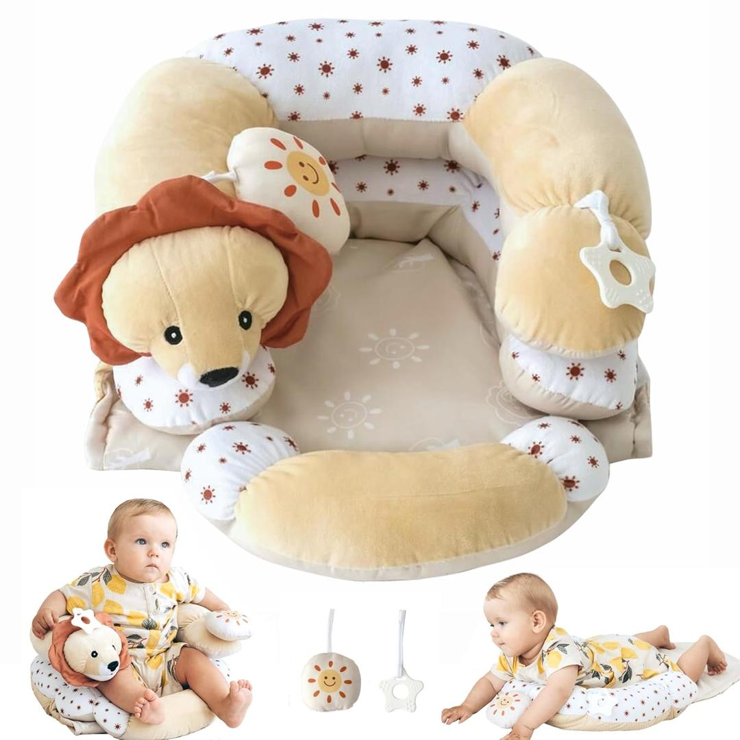 Aila+Aiden 2-in-1 Tummy Time Mat and Seated Support with Sensory Toys for Newborns and Babies Includes Detachable Cushion for Supervised Play & Head/Neck Development (Sand)