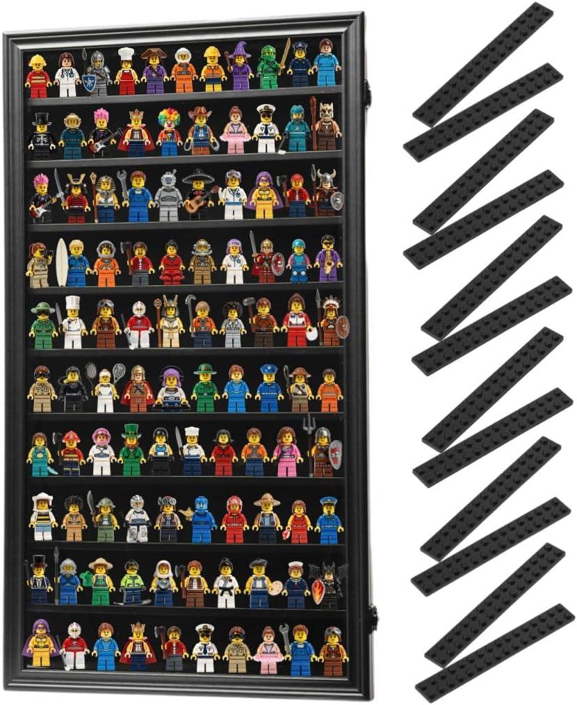 Minifigure Display Case - 29” x 16” - Holds up to 150 Mini Figure Toys, Miniature Figures, Thimbles and Collectibles – Wall Mounted - Black Wood Finish Frame – with Mounting, Locks and Base Plates