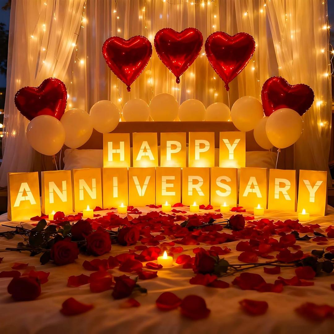 Happy Anniversary Light Up Letters, Include Light up Letters, with Tea Lights Candles, Latex Balloons, Aluminum Balloons and Rose Petals, Anniversary and Valentines' Day Decorations for Women