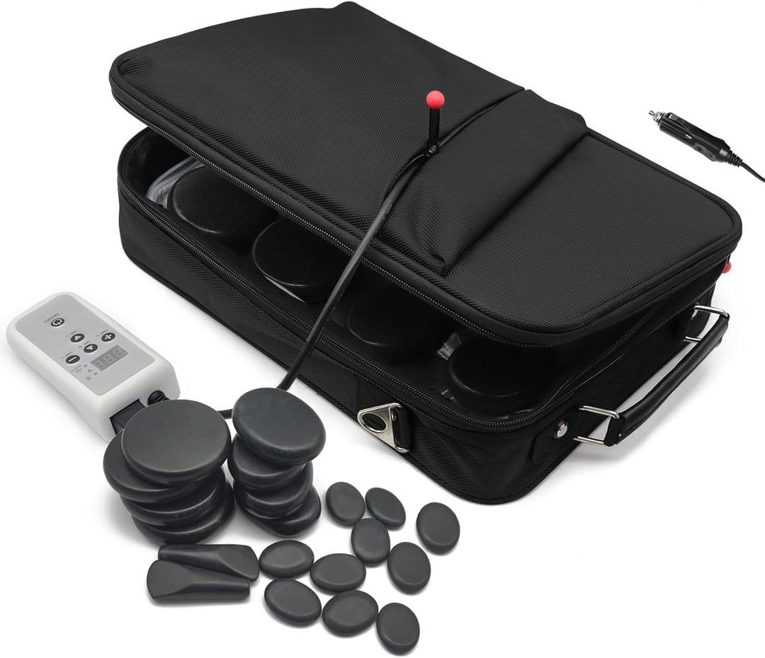 Portable Massage Stone Warmer Set, 20 Pcs Basalt Hot Stones with Heater Kit, Electric Hot Stones Warmer Massager for Professional/Home Spa, Digital Controller Heating Travel Bag (Black)