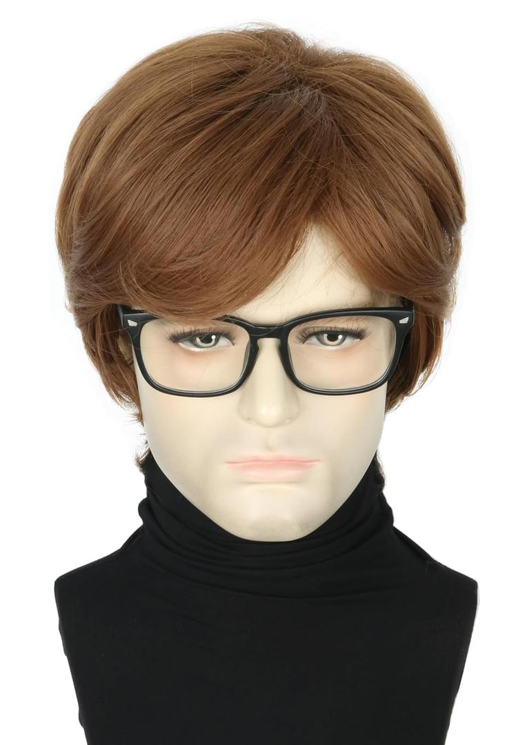 Mens Wigs with Glasses Short Brown Ginger 60s 70s Male Wig for Costume Accessories Halloween Outfit