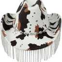 OYOANGLE Women's Cow Print Wide Brim Fringe Hat Beaded Western Cowgirl Hats Y2K Country Concert Outfits (Brown Black White)