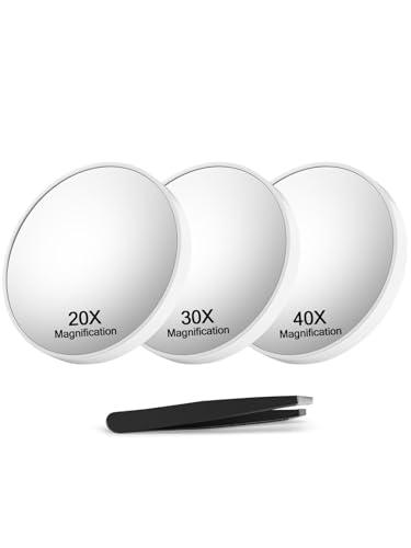 Macaki 20X&30X&40X Magnifying Mirror Suction Cup, 3.5 in Small Magnified Mirror with Tweezers, White, Set of 3