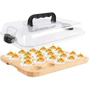 Deviled Egg Containers with Lid, Wooden Deviled Egg Tray Platter with Handle for 24 Holes, Reversible Cheese Charcuterie Board, Serving Tray Egg Holder for Kitchen and Parties