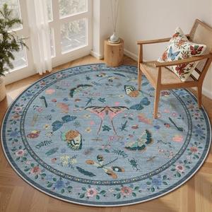 6ft Washable Round Rug - Bug Rugs for Living Room Non-Slip Low Pile Soft Ultra-Thin Machine Washable Circle Carpet for Bedroom, Entryway, Nursery, Kitchen, Home Office (6' Round Blue)