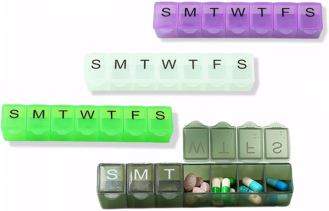 4 Pack Weekly (7-Day) Pill Organizer, 7 Days Pill Case Travel Daily Pill Box Portable Medicine Organizer and Planner with Compartment for Vitamins, Fish Oil, Supplements and Medication (4, Color)
