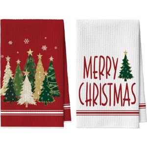 Artoid Mode Red Star Xmas Tree Merry Christmas Kitchen Towels, 18x26 Inch Quick Dry Microfiber Cloth Dish Towels for Kitchen Drying Set of 2