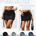 Womens Low Waist Denim Skirt Button Mini Cargo Jean Y2K Skirts with Pockets (Black, L)