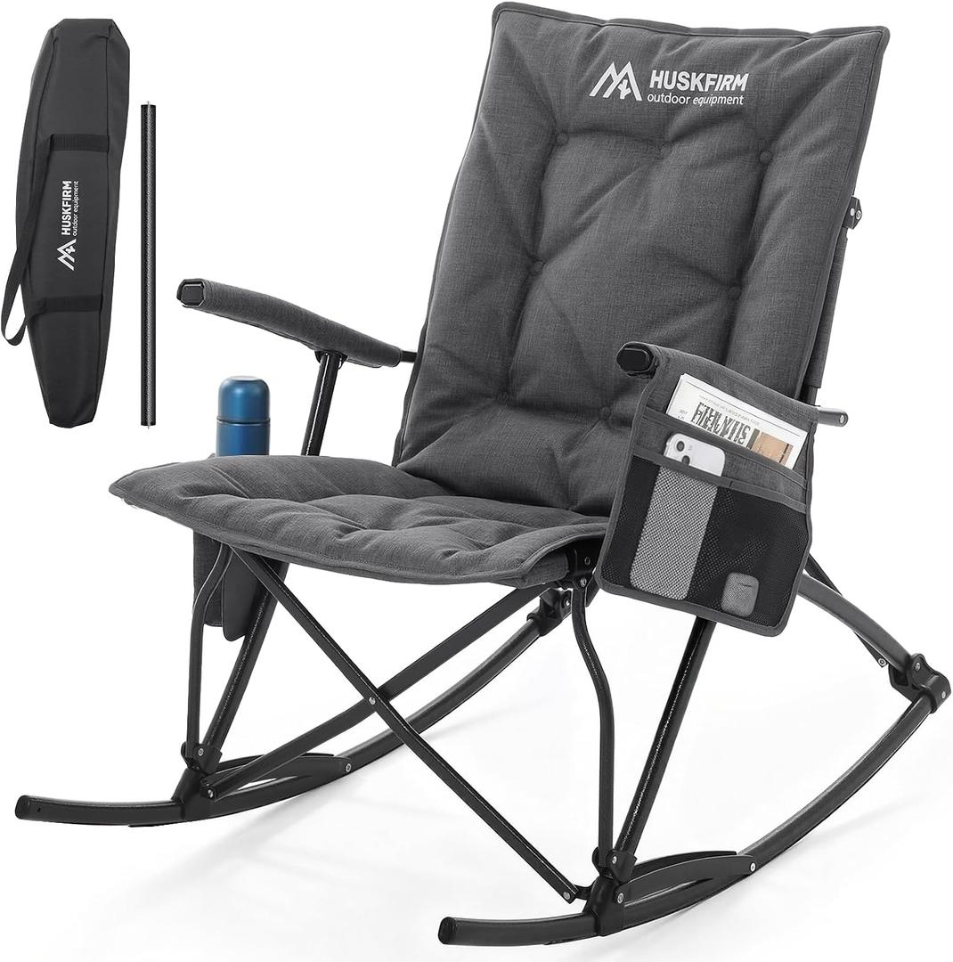 Huskfirm Oversized Rocking Camping Chair Folding Rocking Chair with High Back Padded Outdoor Rocking Chair Heavy Duty Portable Rocker Chair for Camping, Lawn and Patio, Supports Up to 400 lbs, Grey