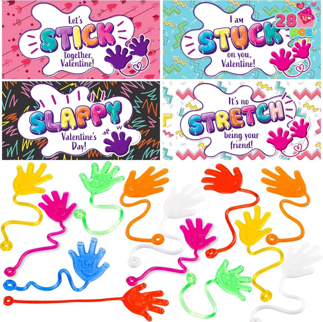 JOYIN 28 Packs Valentines Day Sticky Hands with Card Headers for Kids Party Favor, Classroom Exchange Prizes, Valentines Day Greeting Cards, Party Favors and Exchange Gifts