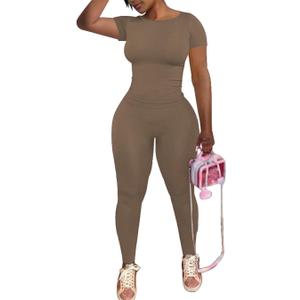 PINSV 2 Piece Sets for Women Summer Workout Sets Short Sleeve Top Jogger Legging Pants Track Suits, Beige, XL