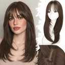 Beginner-Friendly Wig with Bangs for Women Medium Brown Straight Face-Framing Layers Hairstyle 4x4 Realistic Scalp Glueless Synthetic Wigs Medium Length for Everyday Use