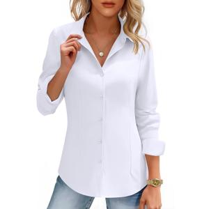 HOTOUCH Women's Button Down Shirts Long Sleeve Dress Shirt Slim Fitted Work Tops Collared Dressy Casual Business Blouses (Medium, A01-white)