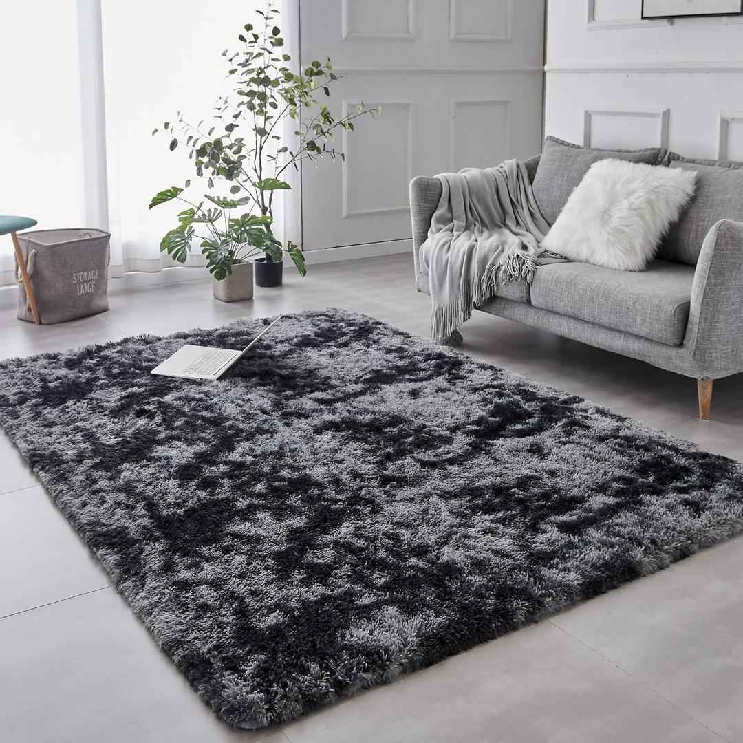 TABAYON Indoor Modern Soft 7x10 Shag Area Rugs, Non-Slip Plush Nursery Accent Area Rug, Furry Faux Fur Shaggy Carpet for Living Room Home Decor Tie-Dyed Dark Grey