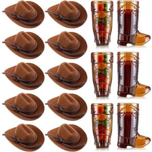 Hercicy 20 Pcs Mini Cowboy Hats and Boot Shot Glasses Cowgirl Decoration for Western Bachelorette Party Supplies(Brown)