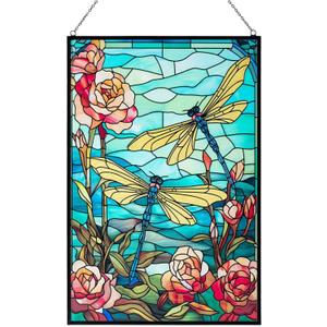 Stained Glass Window Hanging, Dragonfly Suncatchers for Windows Hanging, Handcrafted Sun Catchers Indoor Window Panel for Home Decor, Gift for Mom, Wife, Friends, Rectangular W10 xH15 (Yellow Dragonfly With Morning Glory Flowers)
