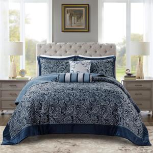 Madison Park Reversible Jacquard Quilted King Bedspread Set Navy, 5pc, Oversized King