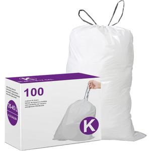 Code K Drawstring Trash Bags Compatible with simplehuman Code K | 9-12 Gallon 35-45 Liter | 100 Count | 1.2 Mil | Heavy Duty White Custom Fit Garbage Liners (Pack of 1)