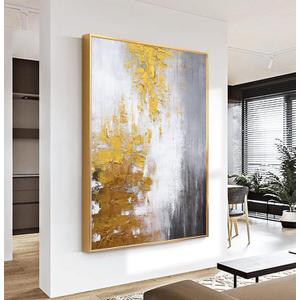 Large 3D Textured Abstract Framed Wall Art for Living Room- Hand Painted Gold and White Abstract Oil Painting for Office-Large Modern Wall Decor for Corridor Stairwell Ready to Hang 32X48inches, 32x48inches x1
