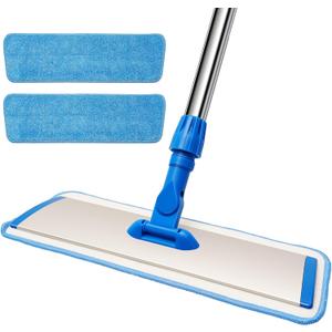 18" Professional Microfiber Mop Floor Cleaning, Flat Mop with Stainless Steel Handle,360-Spin Head with 2 Reusable Washable Pads, Microfiber Wet and Dust Mopping for Hardwood and Tile,Blue
