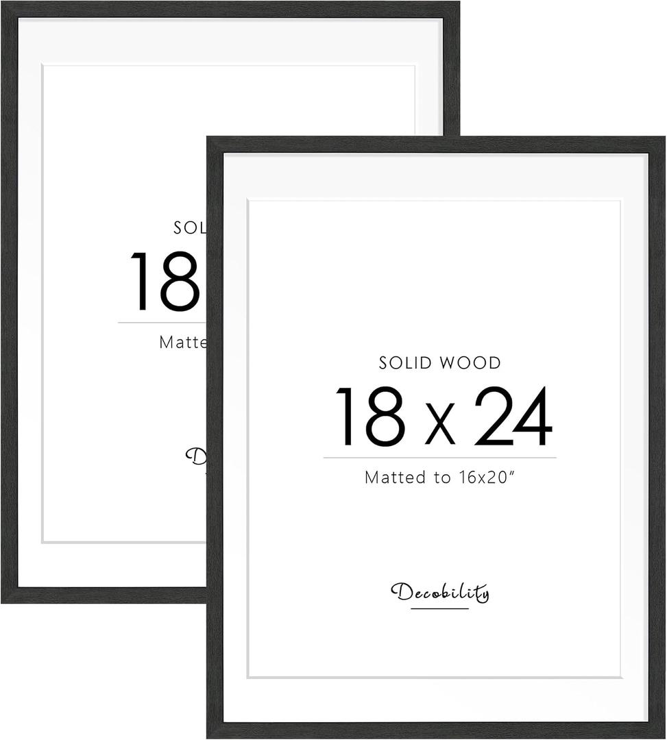 18x24 Solid Wood Poster Frame, Natural Wood Picture Frame with Paper Mat, Display picture 16x20 with mat or 18x24 without Mat, Set of 2 Black Picture Frame