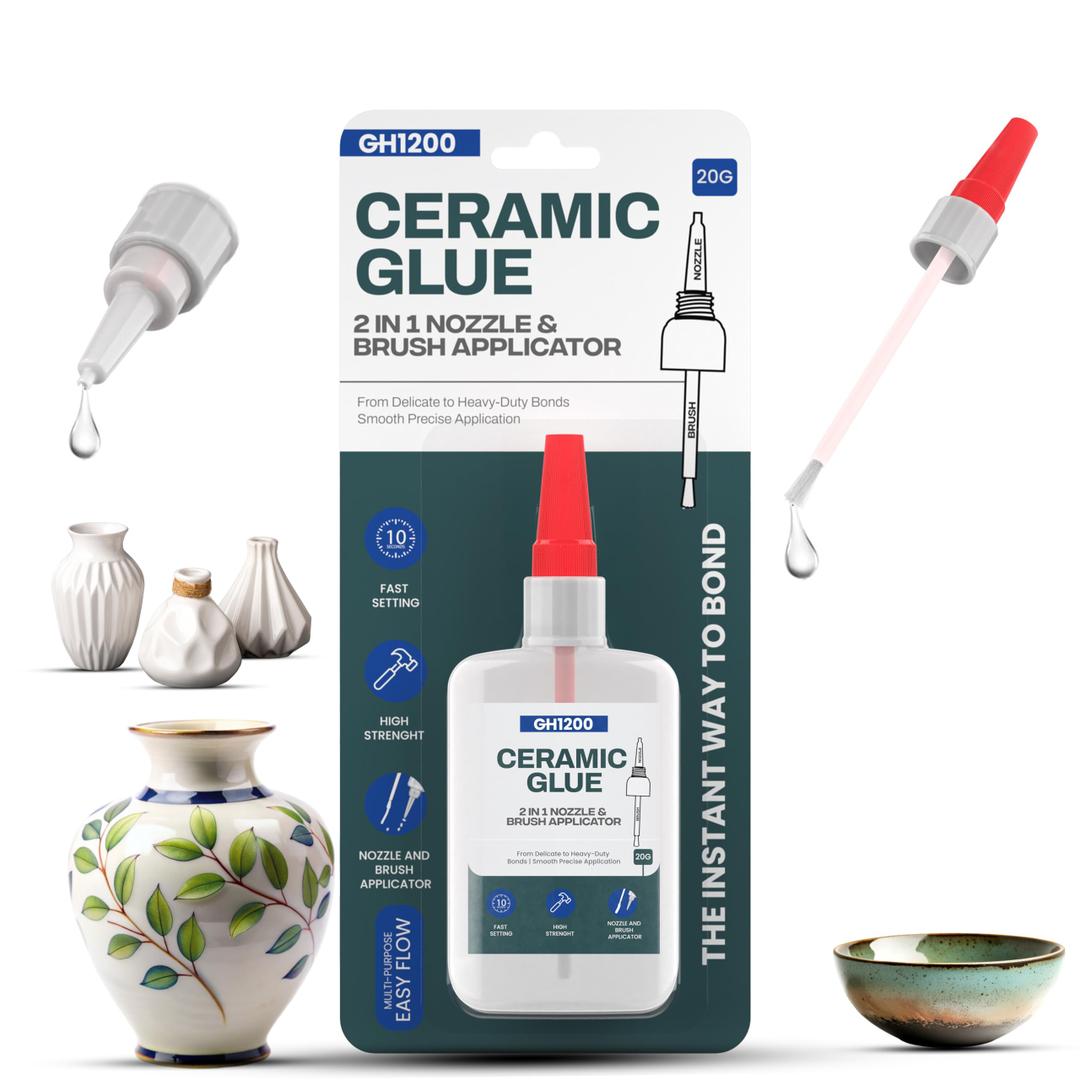 4 x GH1200 Ceramic Glue Repair with Brush Applicator & Nozzle (20 g), Waterproof, Clear, Smooth. Fast Drying, Ceramic Glue for Pottery, Dishes, Mugs & More