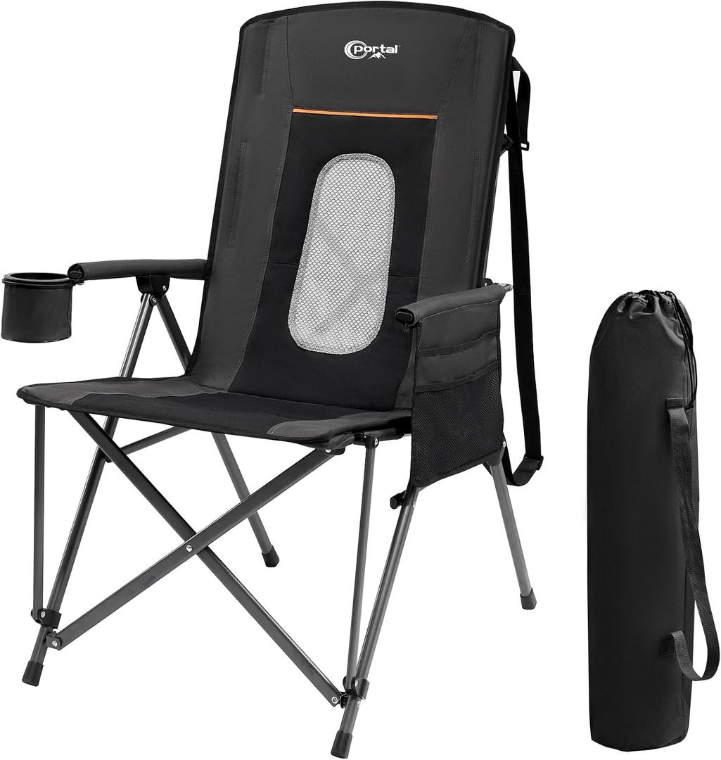 PORTAL Oversized Folding Camping Chair High Back Portable Lawn Chairs for Adults Outdoor Sports with Hard Armrest Cup Holder，Supports 400LBS Black
