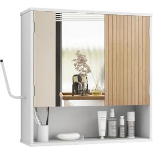 Bathroom Cabinet with Mirror & LED, Wall Mounted Bathroom Cabinet,Side Hook | Mirror Door | LED Light | Adjustable Shelves | Side Hook | Open Bottom Shelf | White & Wood Grain | Over Toilet Mount, 6.6"D x 21.2"W x 21.6"H