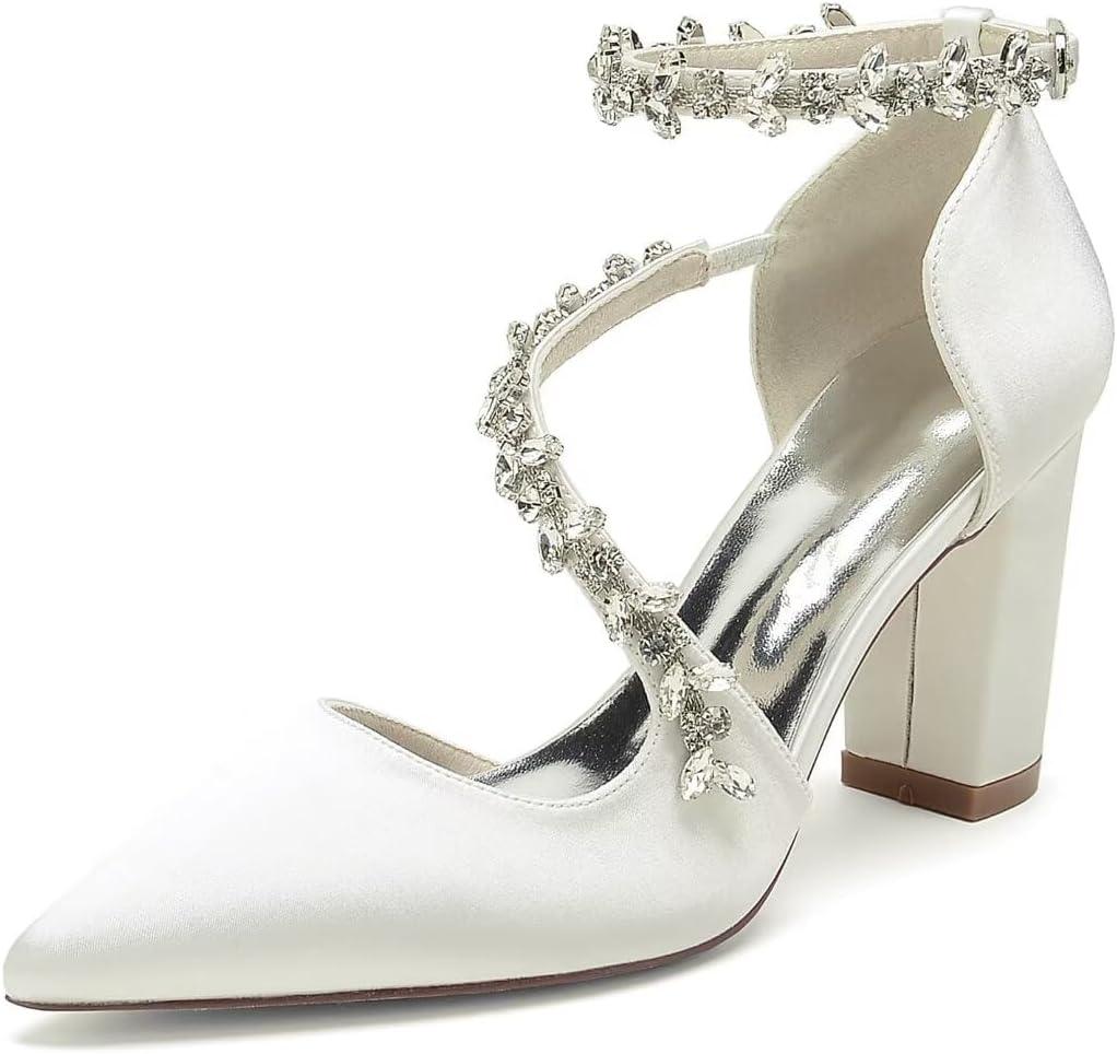 Block Heel Wedding Shoes for Bride Pointed Toe Rhinestones Strappy Bridal Heels Evening Formal Dress Shoes (7, Ivory)