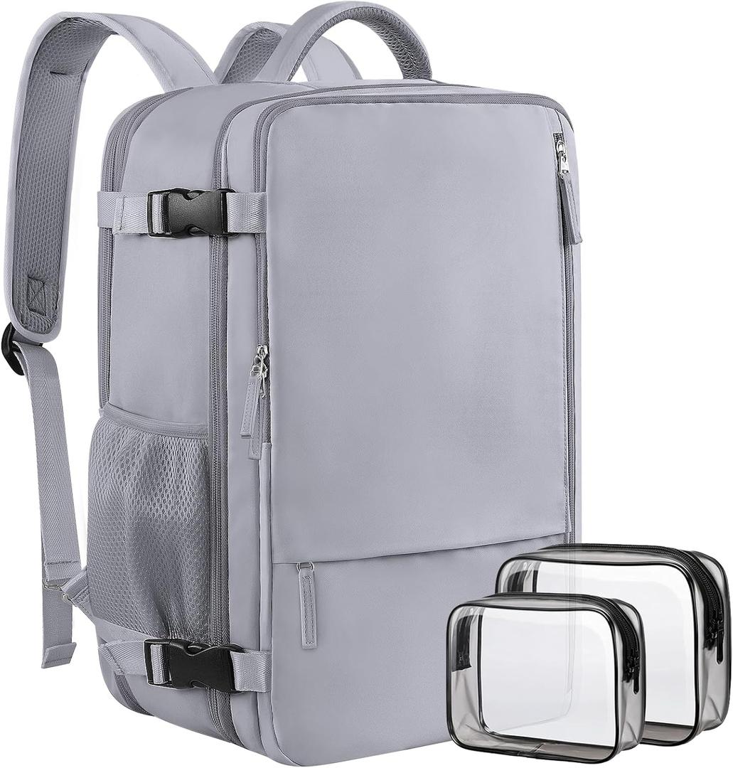 Travel Backpack for Women & Men, 40L Carry-On, 17-Inch Laptop, Waterproof, College Bookbag, Flight Approved (Grey)