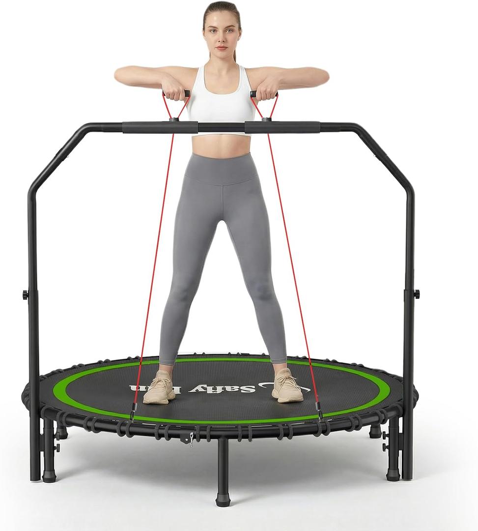 40''/45''/50'' Rebounder Trampoline for Adults, 450-550 lbs Foldable Mini Trampoline with Handle  Indoor Outdoor Fitness Trampoline with Resistance Bands for Cardio, Balance & Family Exercise (Black-Green)