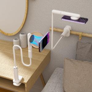 LA-5 90cm/35 Inch Magnetic Phone Holder Gooseneck Arm Mount for Bed & Desk, 360 Rotating Overhead Stand Compatible with iPhone 16/15/14 Pro Max, Great for Streaming & Zoom (White)