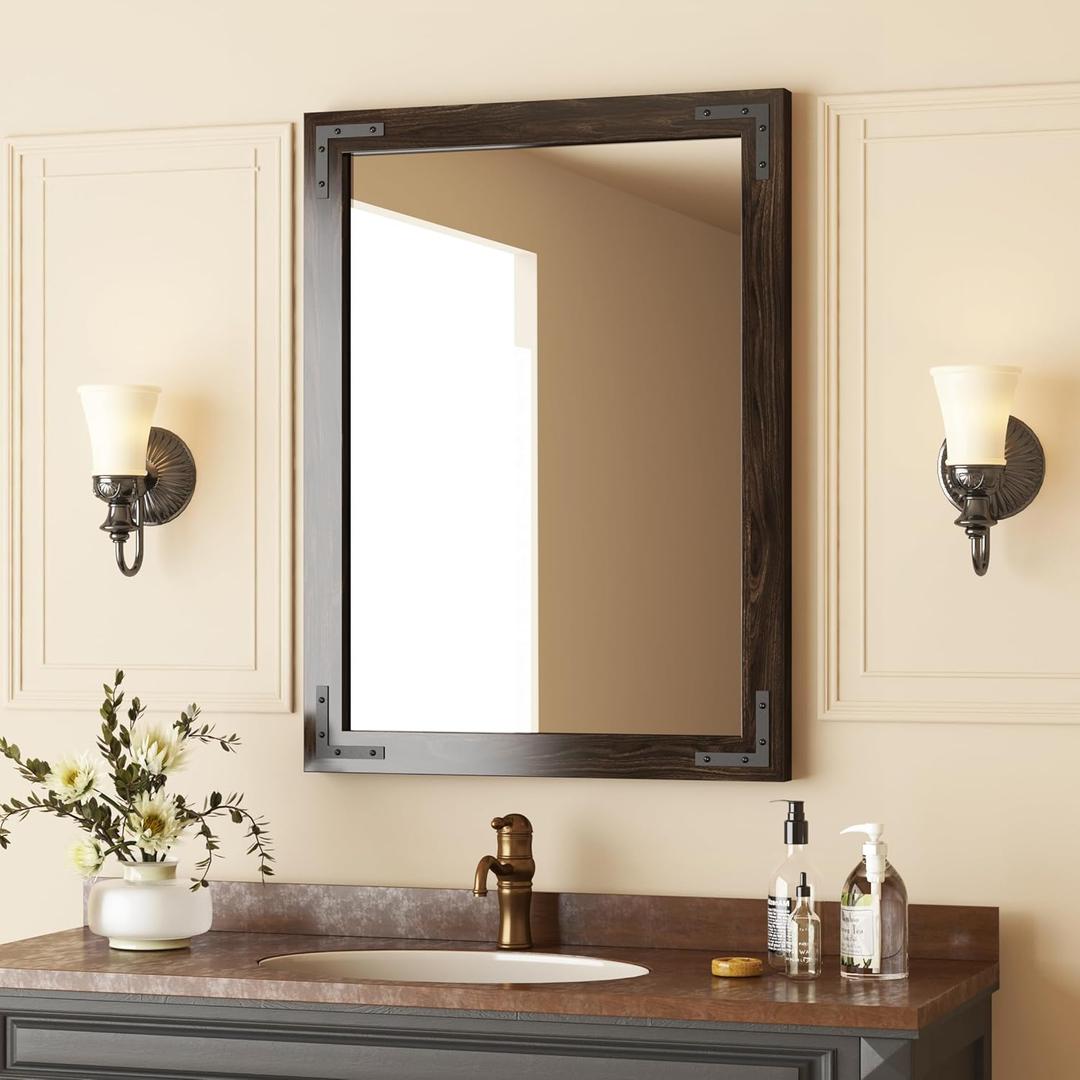 VocalStar Black Wood Framed Mirror 24 x 32 Inch, Rustic Natural Black Wooden Rectangle Bathroom Vanity Wall Mirror for Farmhouse Boho Decor, 1/4-inch Shatterproof Glass | Waterproof