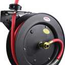 MaxWorks 50104 25ft Auto Rewind Retractable Reel with 3/8" x 25' Long Air Hose with Brass Fittings, Black & Red