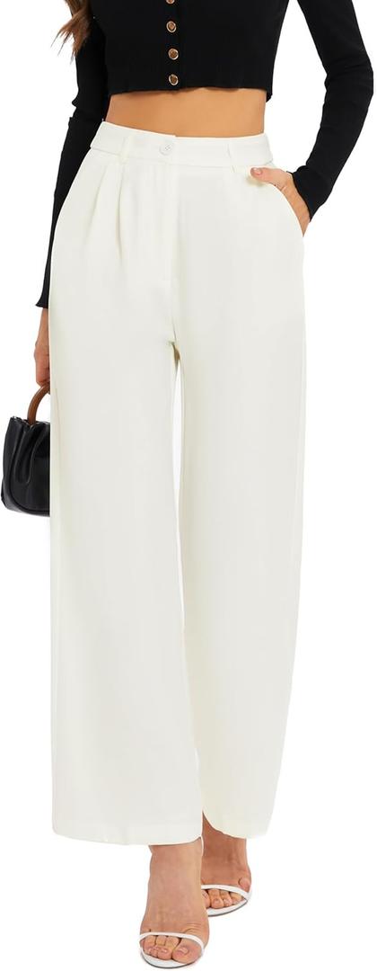 FUNYYZO Wide Leg Pants Women's High Elastic Waisted in The Back Business Work Trousers Long Straight Suit Pants (White, M)
