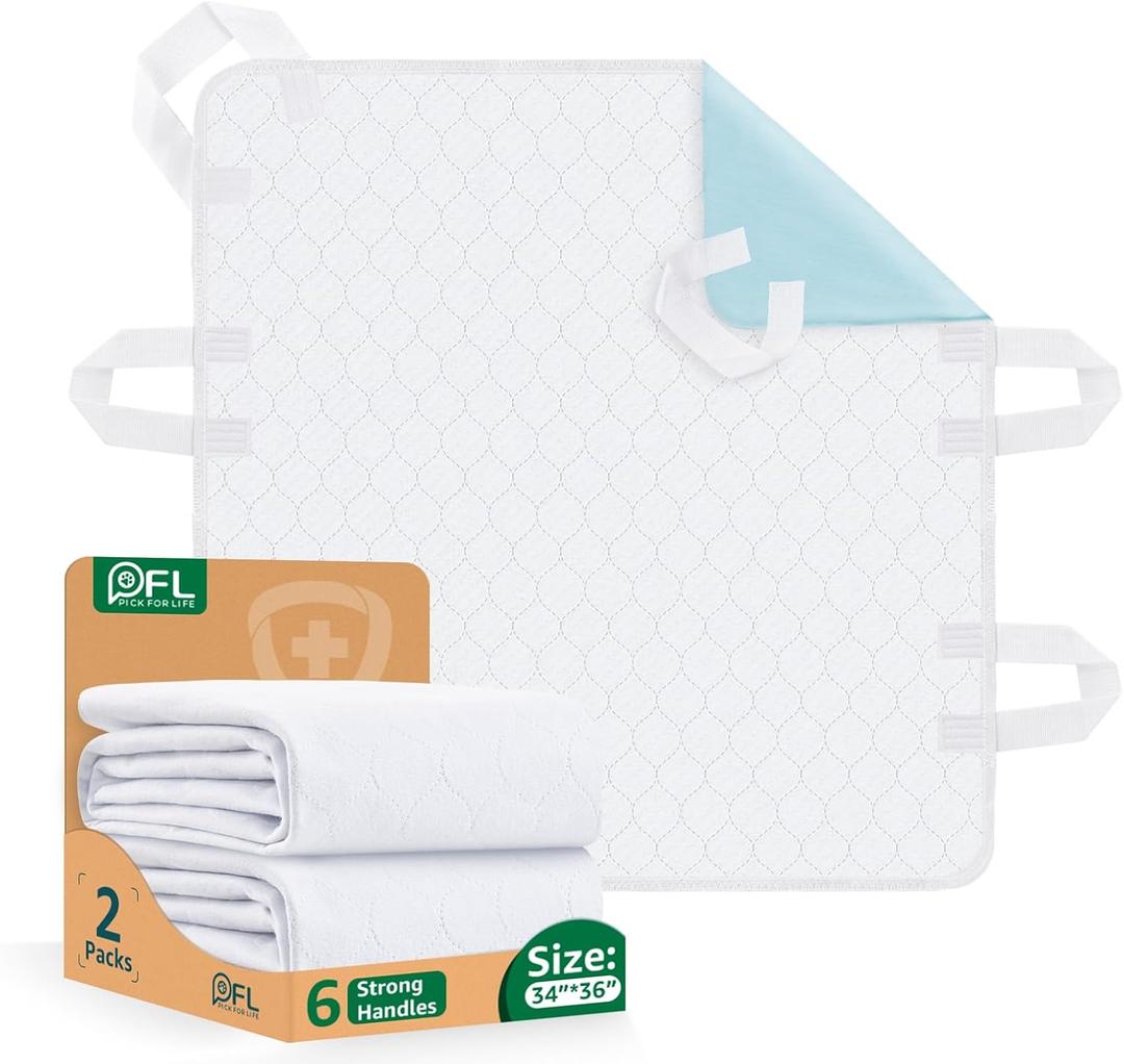 Incontinence Bed Pads Whasbable: 2Packs Waterproof Bed Pads for Elderly with 6 Handles, Reusable Bed Underpads, Positioning Bed Pads for Incontinence Adult, Bedwet,Kids,Bedridden,Hospitals, 34x36 Inch (White)