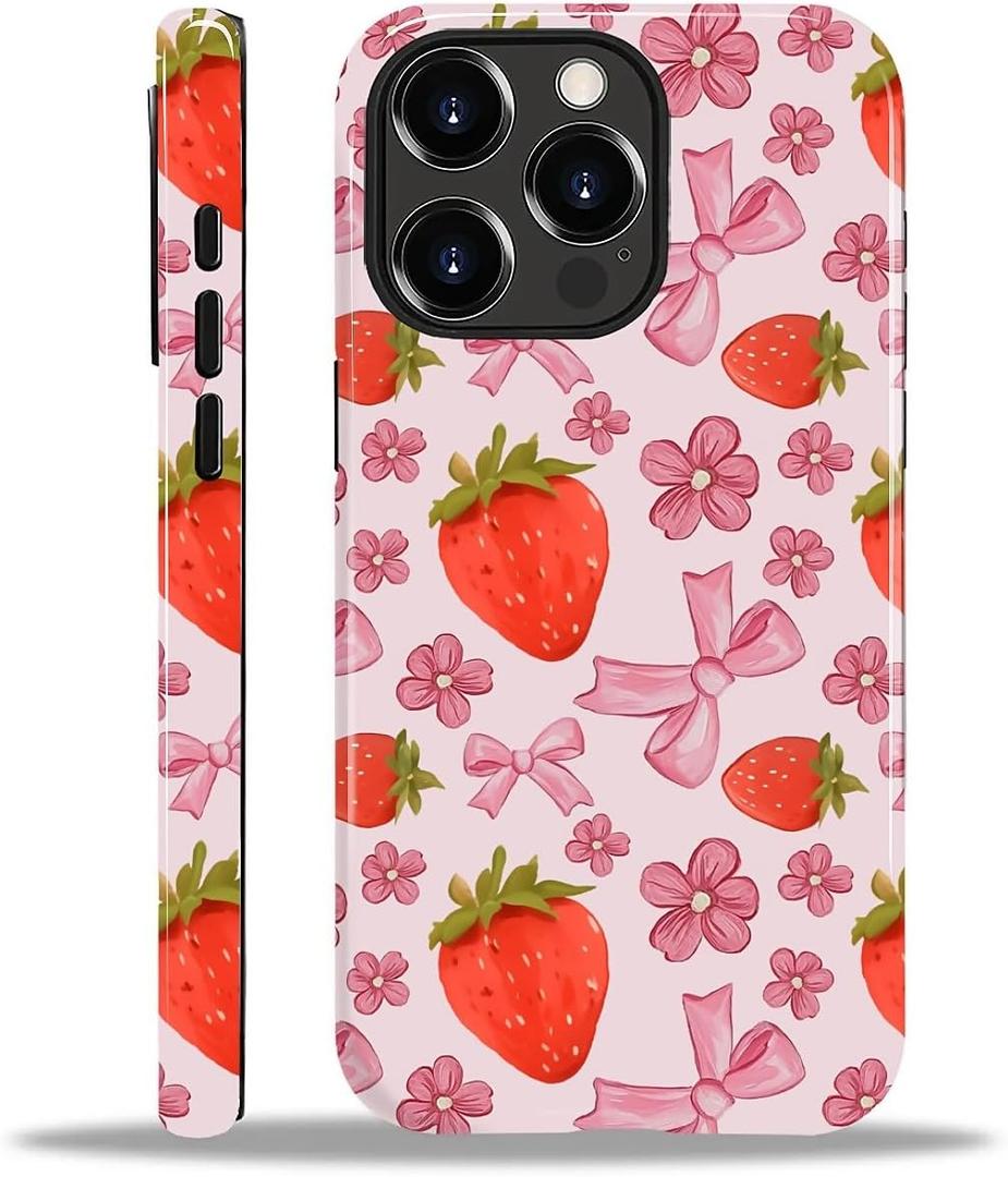 Compatible with iPhone 12 Pro Max Case - Hybrid Heavy Duty 2 in 1 Full Body Rugged Shockproof Protection Glossy Case for iPhone 12 Pro Max - Coquette Strawberry Cute