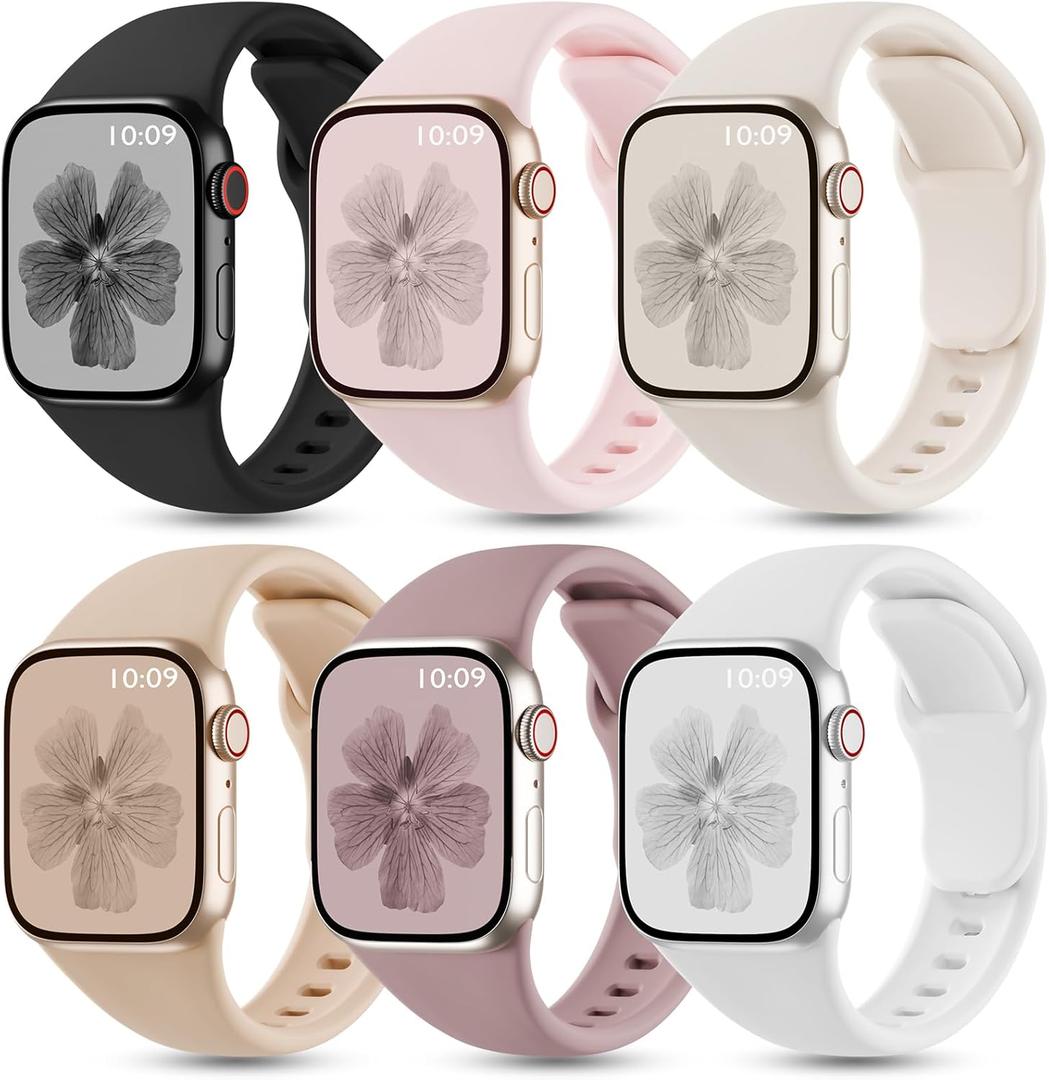 6 Pack Silicone Bands Compatible with Apple Watch Band 42mm 41mm 40mm 38mm 46mm 45mm 44mm 49mm Women Men, Patented Wristband Soft Sport Waterproof Strap for iWatch Series 11 10 9 8 7 6 5 4 3 SE Ultra (Black/Light Pink/Starlight/Milk Tea/Smoke Violet/White)