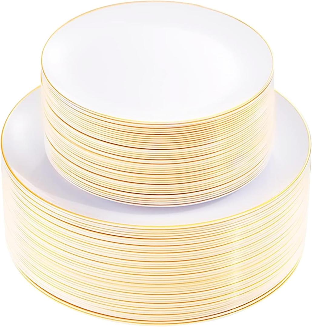 KIRE 100PCS Disposable Plates - White with Gold Rim Plastic Plates - Includes 50Pieces 10.25inch Dinner and 50Pieces 7.5inch Dessert/Salad Plate for Mother's Day/Wedding/Spring Party/Graduation