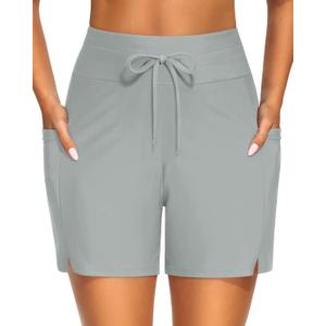 Yonique Womens Swim Shorts Bathing Suits Bottoms Swimsuit Bottoms(Available in Plus) with Pockets Light Gray M (M)