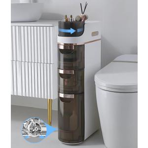 3-Tiers Slim Bathroom Storage Cabinet, Waterproof Narrow Floor Cabinet with Tissue Box and Wheels, Skinny Storage Organizer with Drawers for Small Spaces, Bathroom, Kitchen, Bedroom, 6.7