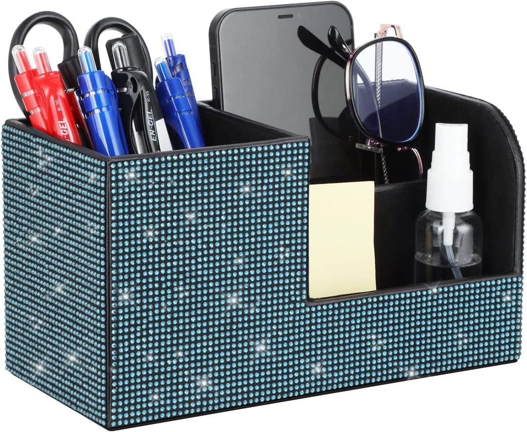 Desk Pen Pencil Holder Bling Pasted Rhinestones Paper Stationery Storage Box, Multi-functional Organizer for Pen/Pencil,Cell phone,Business Name Cards,Eye Glasses,Remote Control Holder (Blue)