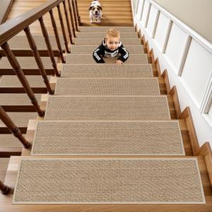 OJIA Stair Treads for Wooden Steps Indoor Washable Stair Carpet Non-Slip 15PCS 30"x8" Rubber Backing Stair Mats Stair Runners for Kids, Elders and Dogs, Staircase Step Treads Stair Covers (Natural)