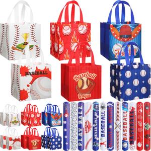 MiniInflat 24 Pcs Baseball Gift Bags Party Favor Bags Reusable Non Woven Tote Bag with Handles Baseball Waterproof Treat Bag for Party Favors Supplies, Extra with 24 Pcs Slap Bracelets