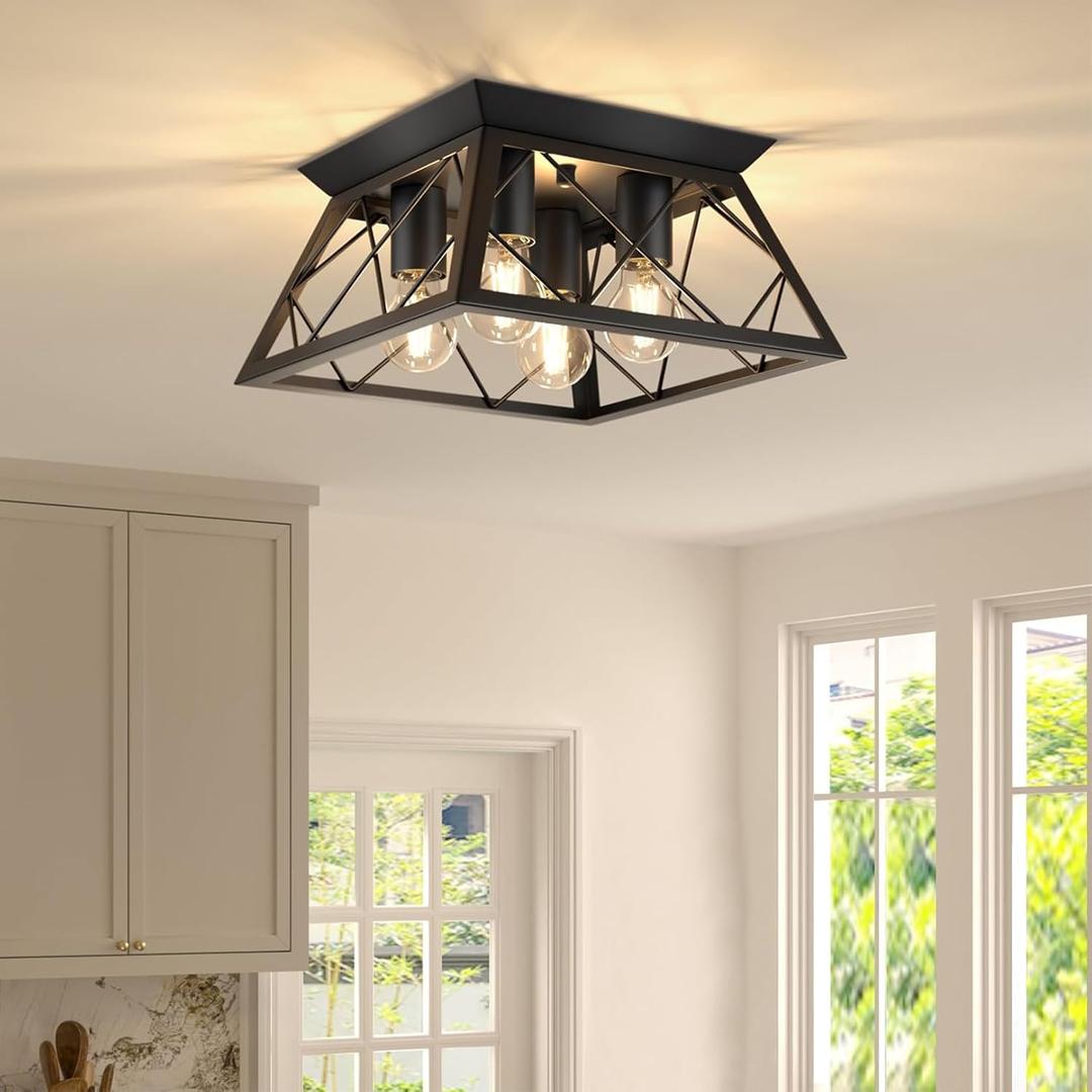 4-Light Farmhouse Kitchen Flush Mount Ceiling Light Dining Room Ceiling Light Fixture Industrial Cage Lamp for Living Room, Bulb Not Included