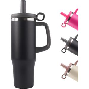 40oz Tumbler, Insulated Stainless Steel Water Bottle with Straw, Cover Cap, Leak Proof Travel Tumbler with Handle, BPA-Free, Cupholder Friendly, Gifts for Women & Men, Black