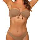 Women's Bandeau Bikini Sets, Ribbed Bowknot Strapless with Bottoms 2 Piece Swimwear Bathing Suit Swimsuit (Medium, Brown)