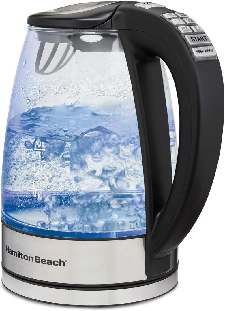 Hamilton Beach 1.7L Electric Tea Kettle, Water Boiler & Heater, LED Indicator, Built-In Mesh Filter, Auto-Shutoff & Boil-Dry Protection, Cordless Serving, Variable Temp, Clear Glass (40941R) (1.8 Quarts)